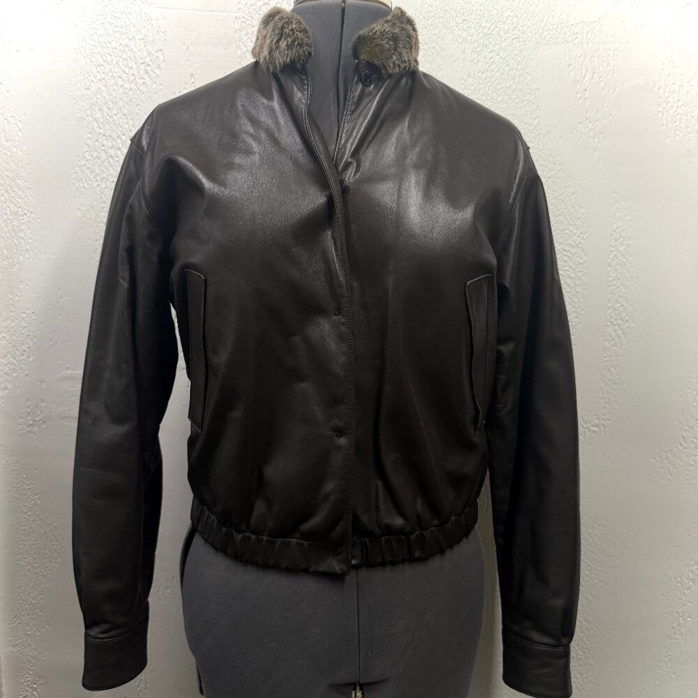 Vintage Genny Way Italian Leather Bomber Jacket Real Fur Collar Sz IT 42/US S-M